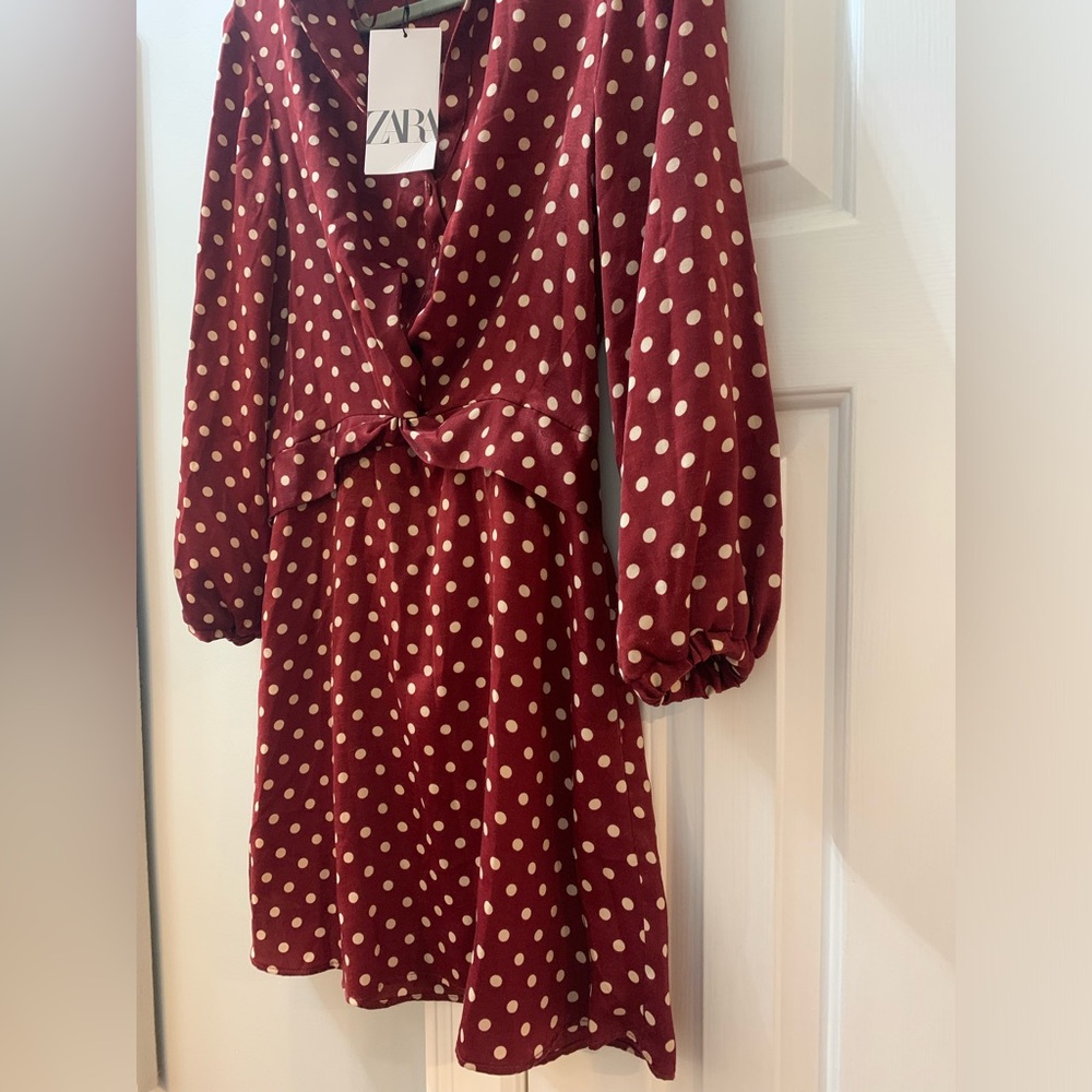NWOT Women ZARA POLKA DOT SILKY / SATIN MINI DRESS BLOGGERS FAV Wine Small (Q) - Picture 9 of 12